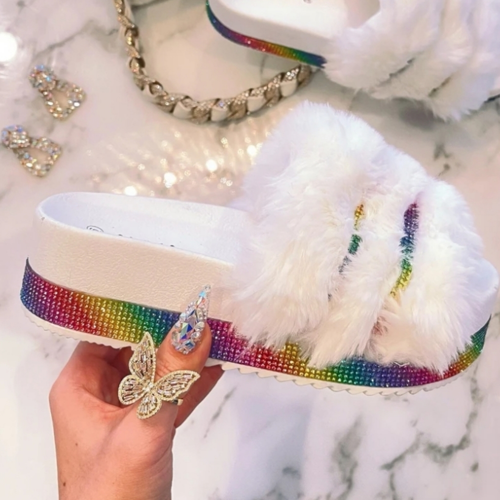 💓Just In 💓 Rainbow Rhinestone Fur Sandal - White - Picture 3 of 3